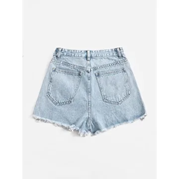 SweatyRocks Women's Casual High Waist Raw Hem Ripped Denim Jean Shorts with Pocket Vintage Light Blue S