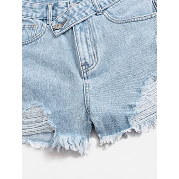SweatyRocks Women's Casual High Waist Raw Hem Ripped Denim Jean Shorts with Pocket Vintage Light Blue S