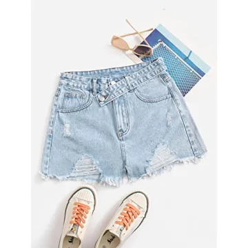 SweatyRocks Women's Casual High Waist Raw Hem Ripped Denim Jean Shorts with Pocket Vintage Light Blue S