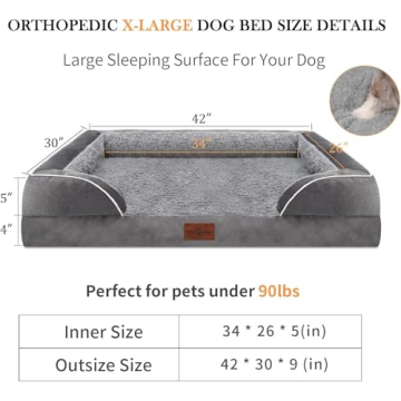 Waterproof Orthopedic Foam Dog Beds for Extra Large Dogs, XL Dog Bed with Bolster, Washable Dog Bed Sofa Pet Bed with Removable Cover & Non-Slip Bottom(X-Large,Grey)