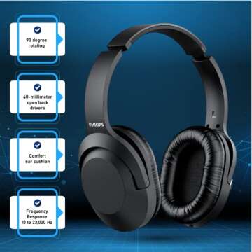 Philips Over Ear Wired Stereo Headphones for Podcasts, Studio Monitoring and Recording Headset for Computer, Keyboard and Guitar with 6.3 mm (1/4") Add On Adapter
