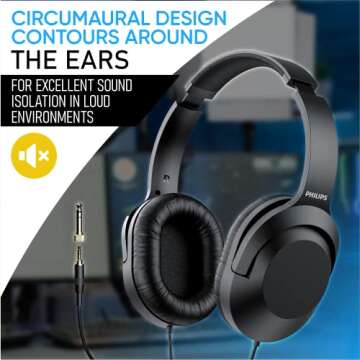 Philips Over Ear Wired Stereo Headphones for Podcasts, Studio Monitoring and Recording Headset for Computer, Keyboard and Guitar with 6.3 mm (1/4") Add On Adapter