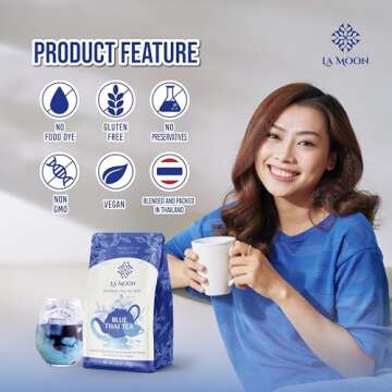 LA MOON TEA Blue Thai Tea Mix - Traditional Loose Leaf from Butterfly Pea Flower and Assam Black for Home-made Iced Tea, Boba & Latte No Food Dye, 7.05 Oz.