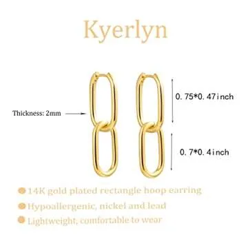 Kyerlyn Gold Earrings for Women Trendy, Dainty 14K Gold Plated Paperclip Square Chain Link Dangle Hoop Earrings Chunky Huggie Hoop Earrings Studs Hypoallergenic Simple Jewelry Gifts