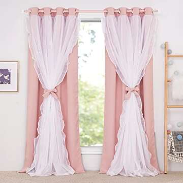 PONY DANCE Girls Curtains for Bedroom Decorative Drapes for Kids Double Layer Curtain Ruffle Sheer O...