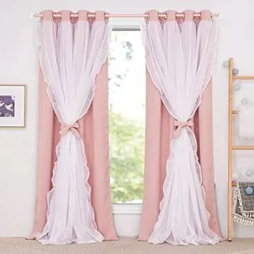 PONY DANCE Girls Curtains for Bedroom Decorative Drapes for Kids Double Layer Curtain Ruffle Sheer O...