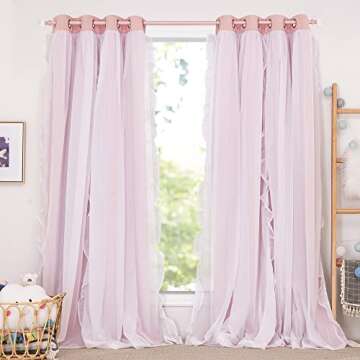 PONY DANCE Girls Curtains for Bedroom Decorative Drapes for Kids Double Layer Curtain Ruffle Sheer Overlay Room Darkening Pretty Chic Princess, 52x84 inch, Blush Pink, 2 PCs