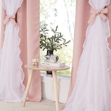 PONY DANCE Girls Curtains for Bedroom Decorative Drapes for Kids Double Layer Curtain Ruffle Sheer Overlay Room Darkening Pretty Chic Princess, 52x84 inch, Blush Pink, 2 PCs