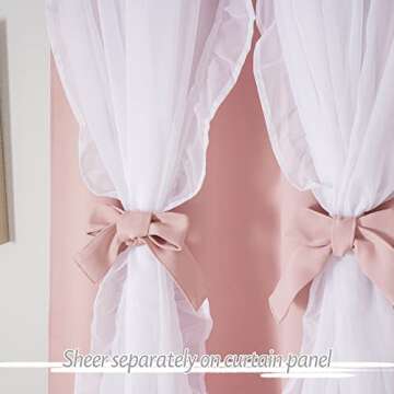 PONY DANCE Girls Curtains for Bedroom Decorative Drapes for Kids Double Layer Curtain Ruffle Sheer Overlay Room Darkening Pretty Chic Princess, 52x84 inch, Blush Pink, 2 PCs