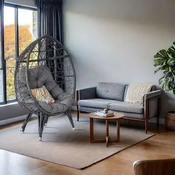 Temminkii Outdoor Patio Wicker Egg Chair Oversived Indoor Basket Rattan Chair with Stand,4''Cushion 410bls Capacity for Backyard Balcony Bedroom (Gray)