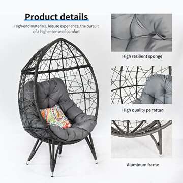 Temminkii Outdoor Patio Wicker Egg Chair Oversived Indoor Basket Rattan Chair with Stand,4''Cushion 410bls Capacity for Backyard Balcony Bedroom (Gray)