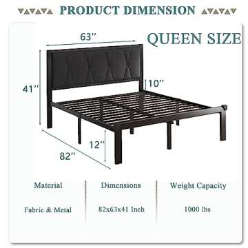 Feonase Queen Size Metal Bed Frame with Fabric Button Tufted Headboard, Platform Bed Frame with Heav...