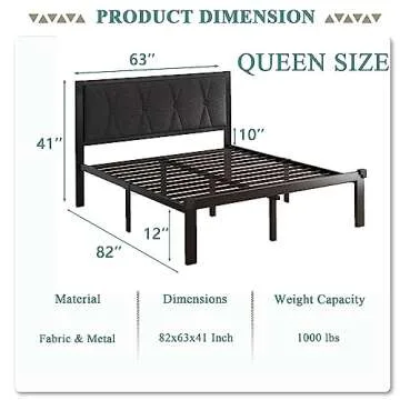 Feonase Queen Size Metal Bed Frame with Fabric Button Tufted Headboard, Platform Bed Frame with Heav...