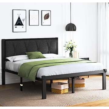 Feonase Queen Size Metal Bed Frame with Fabric Button Tufted Headboard, Platform Bed Frame with Heavy Duty Metal Slats, 12" Storage Space, Noise Free, No Box Spring Needed, Dark Grey