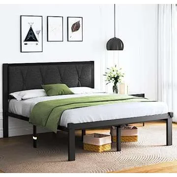 Feonase Queen Size Metal Bed Frame with Fabric Button Tufted Headboard, Platform Bed Frame with Heavy Duty Metal Slats, 12" Storage Space, Noise Free, No Box Spring Needed, Dark Grey