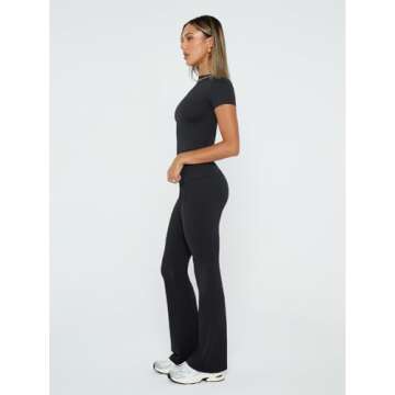 Trendy Queen Lounge Sets For Women 2 Piece Casual Y2K Outfits Short Sleeve Cropped Tops Fold Over Flare Pants Tracksuits Black XL