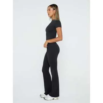 Trendy Queen Lounge Sets For Women 2 Piece Casual Y2K Outfits Short Sleeve Cropped Tops Fold Over Flare Pants Tracksuits Black XL