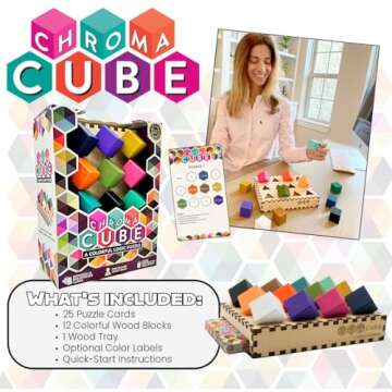 Project Genius: Chroma Cube, A Colorful Logic Puzzle, 12 Colorful Wood Blocks, 25 Brainteaser Cards, Puzzle, Great Gift, 1 Player Game Logic