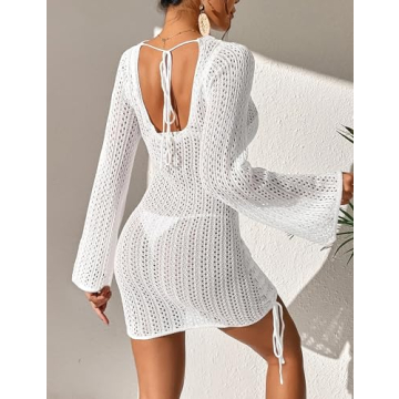 Fayenne Womens Crochet Swimsuit Cover Up with Bell Sleeves