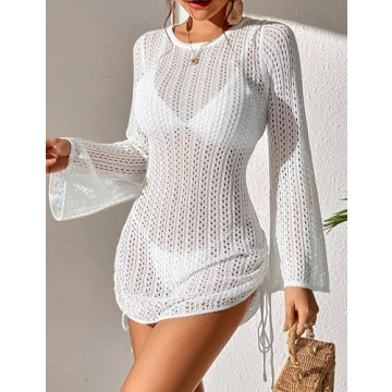 Fayenne Womens Crochet Swimsuit Cover Up with Bell Sleeves