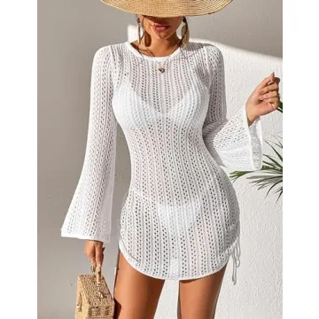 Fayenne Womens Crochet Swimsuit Cover Up with Bell Sleeves