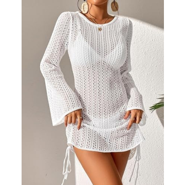 Fayenne Womens Crochet Swimsuit Cover Up with Bell Sleeves