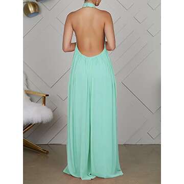 Ekaliy Women’s Sexy Summer Jumpsuit Halter Neck Sleeveless Chiffon Wide Leg Long Pant Jumpsuit Romper One Piece Party Outfit Light Blue Small