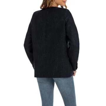 Women's Tweed Blazer Jackets Crewneck Button Down Business Jackets Casual Elegant Work Office Jacket Black