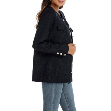 Women's Tweed Blazer Jackets Crewneck Button Down Business Jackets Casual Elegant Work Office Jacket Black