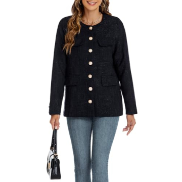 Women's Tweed Blazer Jackets Crewneck Button Down Business Jackets Casual Elegant Work Office Jacket Black
