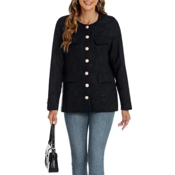 Women's Tweed Blazer Jackets Crewneck Button Down Business Jackets Casual Elegant Work Office Jacket Black