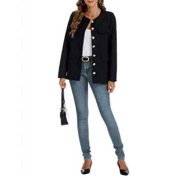 Women's Tweed Blazer Jackets Crewneck Button Down Business Jackets Casual Elegant Work Office Jacket Black