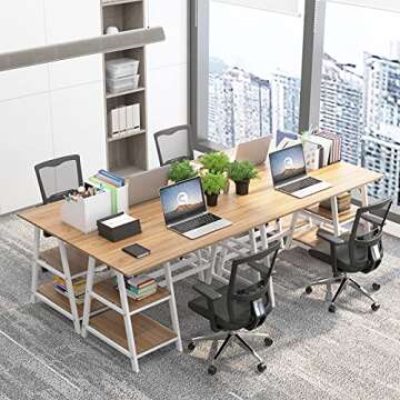 Trestle Desk with 2 Shelves, Soges 47 inches Reversible Storage Desk, Home Office Computer Desk Workstation, Wooden School Desks for Teachers Students, Middle Shelf Removable for CPU Storage