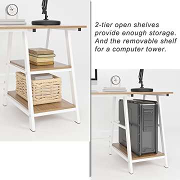 Trestle Desk with 2 Shelves, Soges 47 inches Reversible Storage Desk, Home Office Computer Desk Workstation, Wooden School Desks for Teachers Students, Middle Shelf Removable for CPU Storage