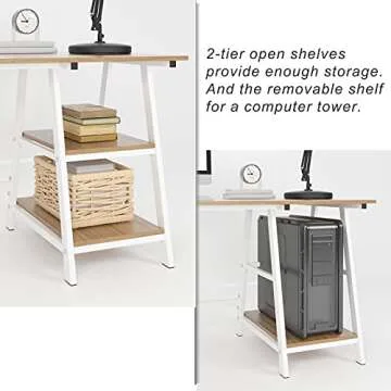 Trestle Desk with 2 Shelves, Soges 47 inches Reversible Storage Desk, Home Office Computer Desk Workstation, Wooden School Desks for Teachers Students, Middle Shelf Removable for CPU Storage