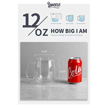 Sweese 418.101 Glass Coffee Mugs, 12 oz Double Wall Glass Coffee Cups, Insulated Latte Mugs - Set of 2