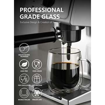 Sweese 418.101 Glass Coffee Mugs, 12 oz Double Wall Glass Coffee Cups, Insulated Latte Mugs - Set of 2