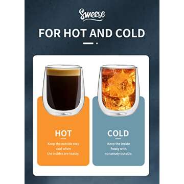 Sweese 418.101 Glass Coffee Mugs, 12 oz Double Wall Glass Coffee Cups, Insulated Latte Mugs - Set of 2