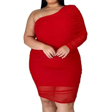 Woman's Sexy Bodycon One Shoulder Mini Dress Plus Size Summer Asymmetrical Date Night above Knee Dress Red 3XL