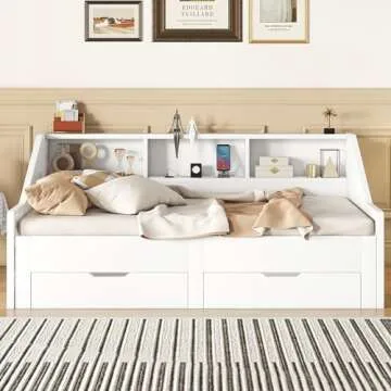 Merax Twin to King Size Daybed with Storage Bookcases and Two Drawers for Adults, Teens, Boys, Girls, Wood Bed Frame with USB Charging Design for Bedroom, Guest Room, No Box Spring Needed, White