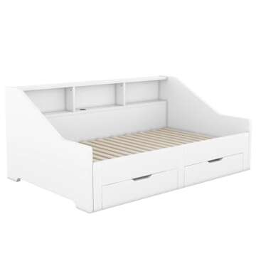 Merax Twin to King Size Daybed with Storage Bookcases and Two Drawers for Adults, Teens, Boys, Girls, Wood Bed Frame with USB Charging Design for Bedroom, Guest Room, No Box Spring Needed, White