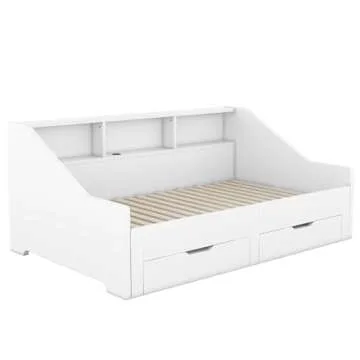 Merax Twin to King Size Daybed with Storage Bookcases and Two Drawers for Adults, Teens, Boys, Girls, Wood Bed Frame with USB Charging Design for Bedroom, Guest Room, No Box Spring Needed, White