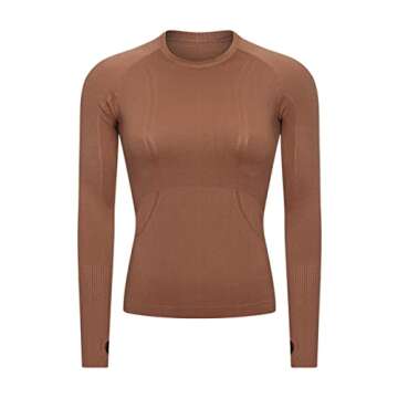 LUYAA Gym Shirts for Women Long Sleeves Yoga Running Sports Seamless Athletic Tops Stretchy Brown