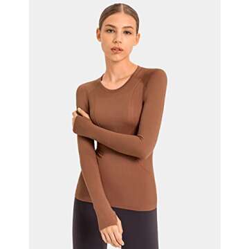 LUYAA Gym Shirts for Women Long Sleeves Yoga Running Sports Seamless Athletic Tops Stretchy Brown