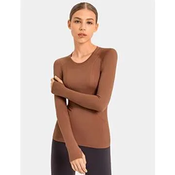 LUYAA Gym Shirts for Women Long Sleeves Yoga Running Sports Seamless Athletic Tops Stretchy Brown