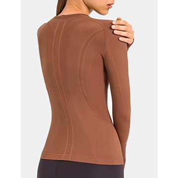 LUYAA Gym Shirts for Women Long Sleeves Yoga Running Sports Seamless Athletic Tops Stretchy Brown