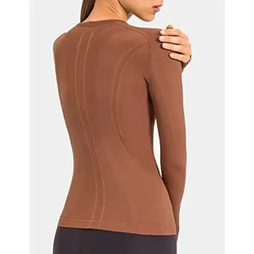 LUYAA Gym Shirts for Women Long Sleeves Yoga Running Sports Seamless Athletic Tops Stretchy Brown