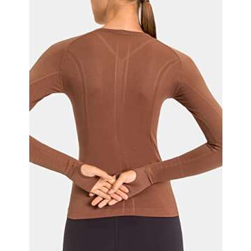 LUYAA Gym Shirts for Women Long Sleeves Yoga Running Sports Seamless Athletic Tops Stretchy Brown