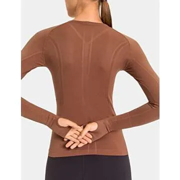 LUYAA Gym Shirts for Women Long Sleeves Yoga Running Sports Seamless Athletic Tops Stretchy Brown