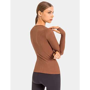 LUYAA Gym Shirts for Women Long Sleeves Yoga Running Sports Seamless Athletic Tops Stretchy Brown